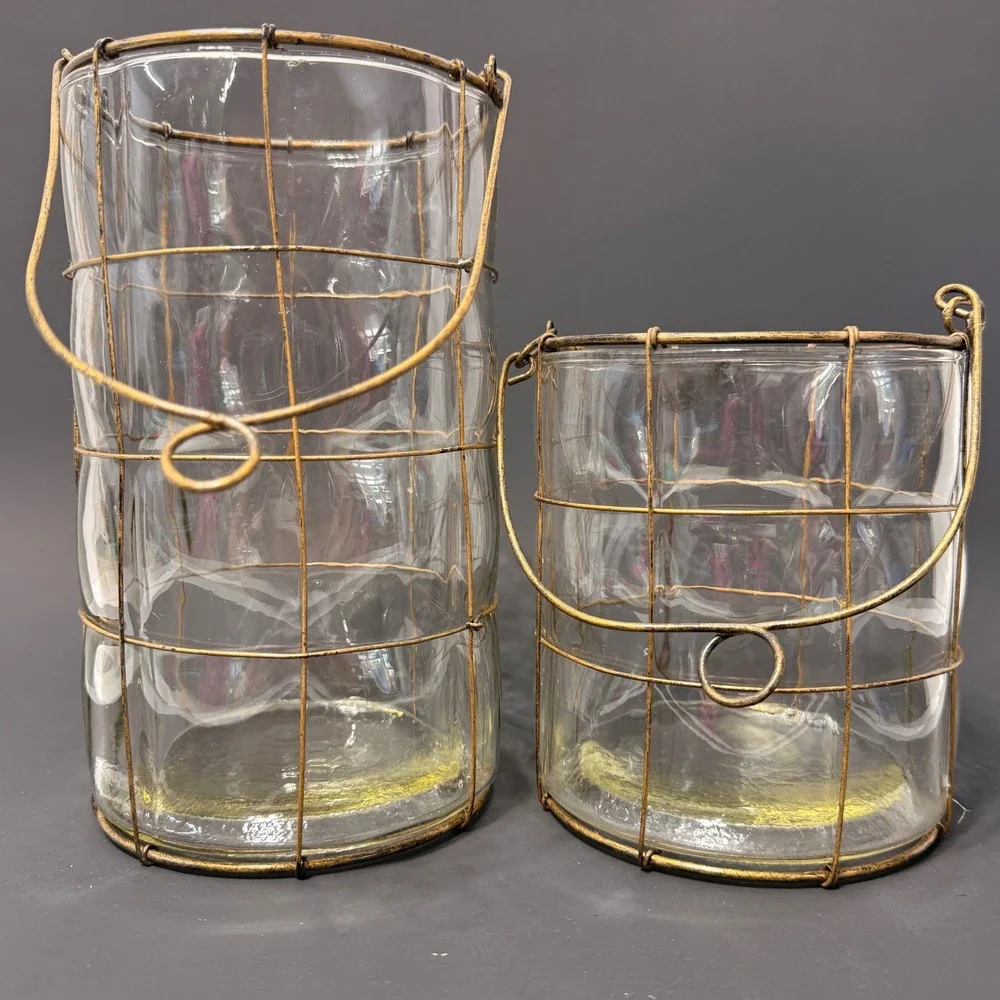 Rustic Wire Cage Glass Cylinder Vases Set of 2 Hurricane Candle Holders Gold